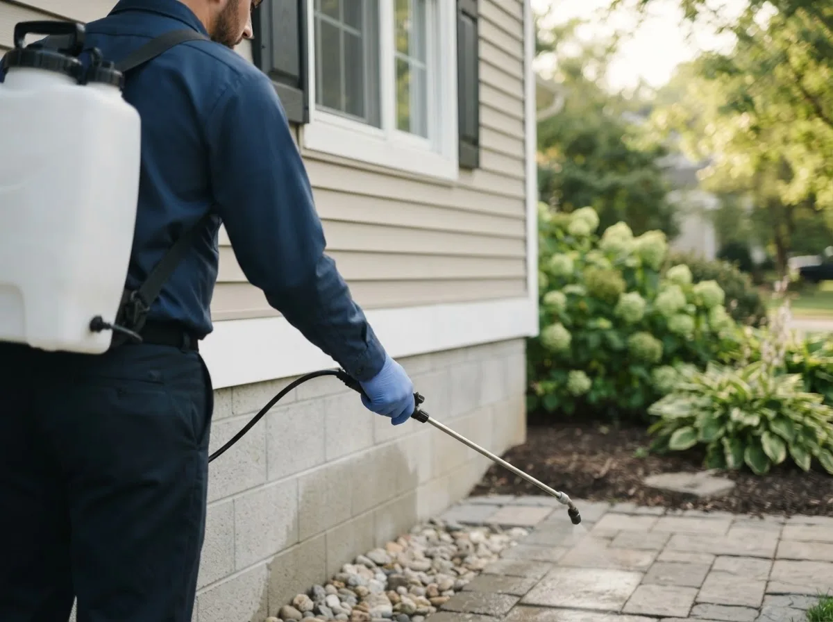 Pest control technician inspecting a home in Hudson, MI